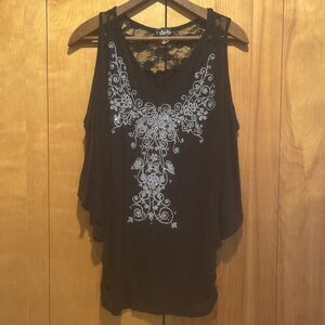 VIntage‎ Deb-Sz L-Black Off Shoulder Dolman SleeveTop-Silver Beading-Fairy-Tunic